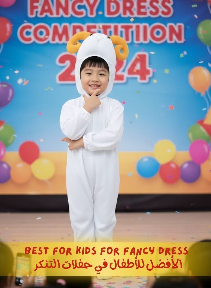 بريميم زي تنكري على شكل خروف للأطفال - زي تنكري ناعم على شكل خروف أبيض مع غطاء رأس للأطفال، مناسب ليوم الحيوانات وحفلات الأزياء التنكرية - Image 3